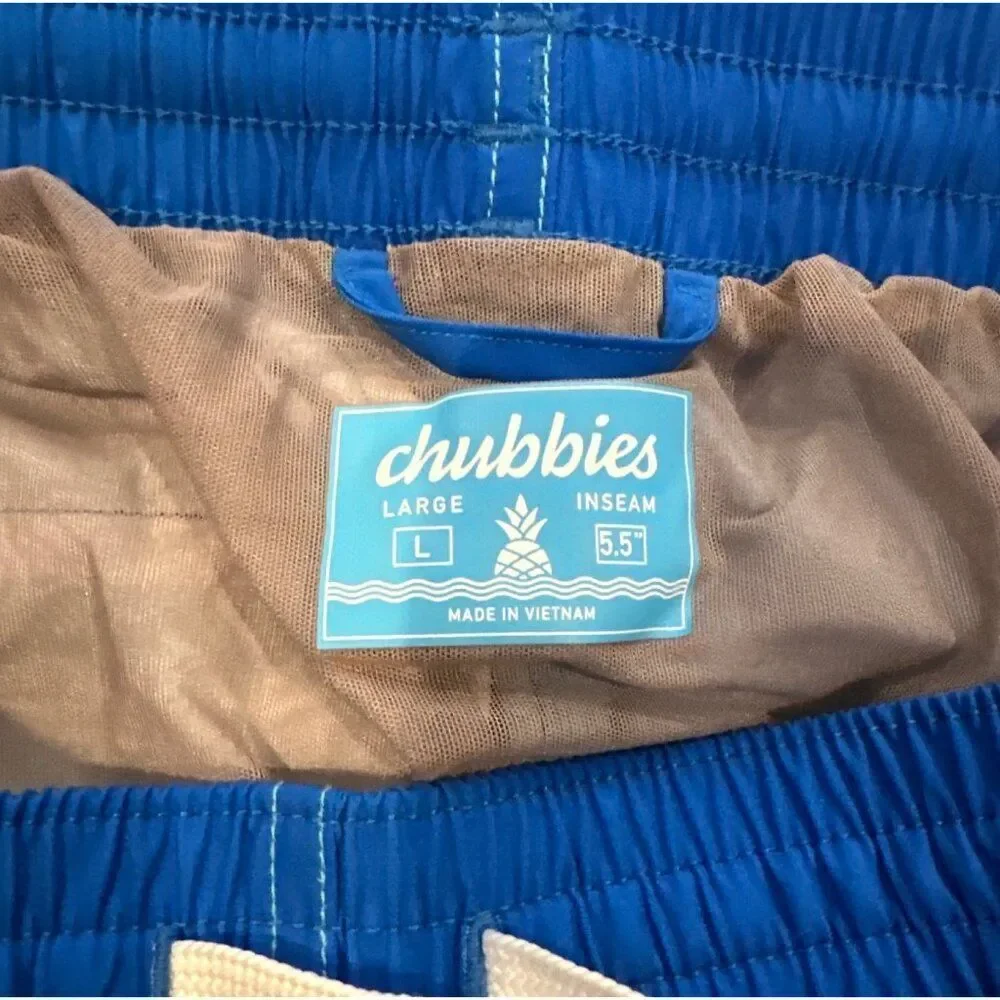 Chubbies Classic Swim Trunks Men’s Large Newports Stripe Blue Pink Yellow Board